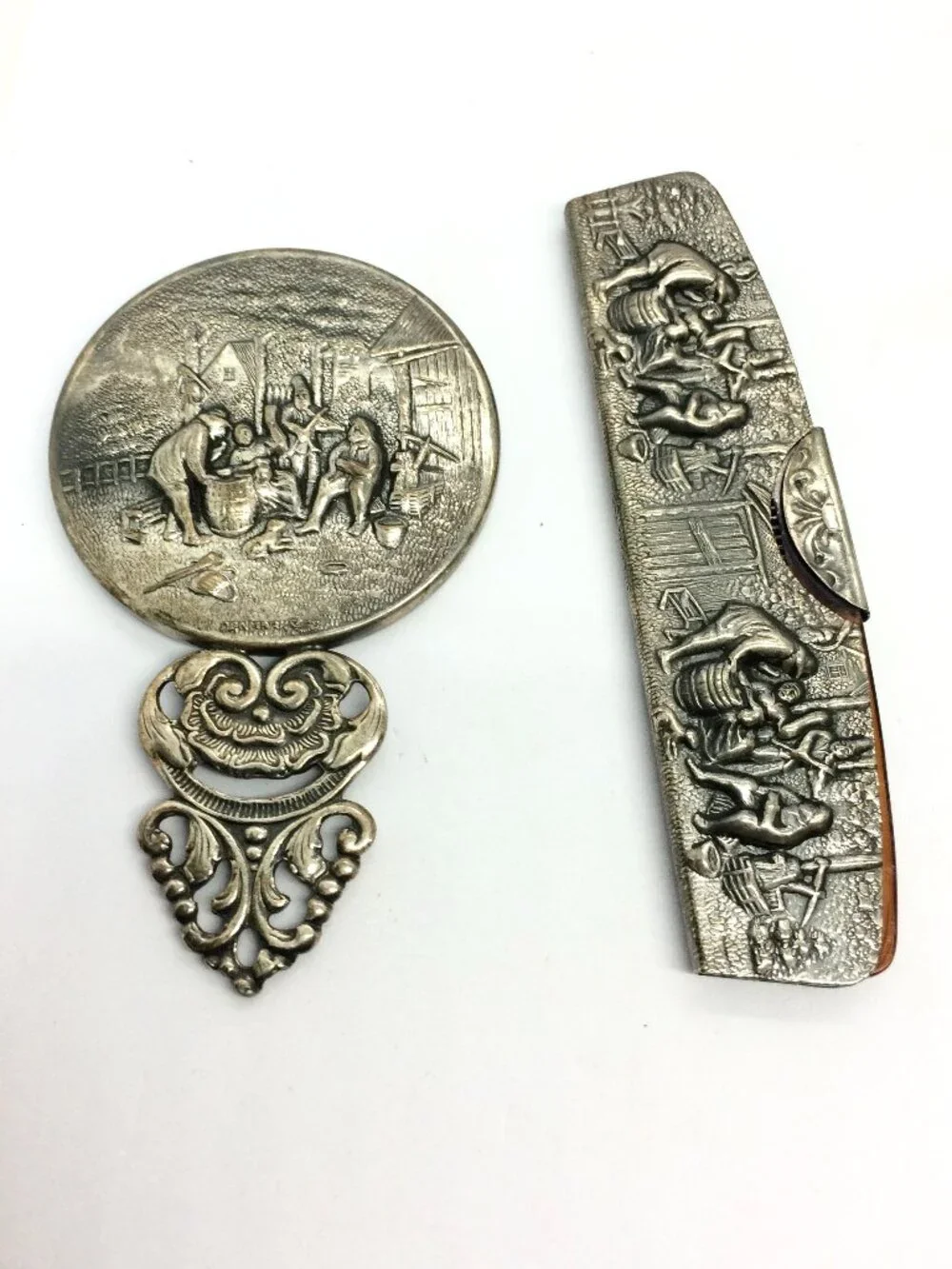 VINTAGE HANS JENSEN Vanity Mirror Comb Set Denmark Silverplate Repousse 1940s